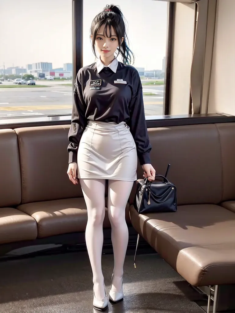 The image shows a young woman standing in front of a window. She is wearing a black long-sleeved shirt, a white collar, and a gray miniskirt. She is also wearing white stockings and black high heels. She has a black handbag in her right hand. The woman has long black hair and blue eyes. She is smiling at the camera. There is an airplane wing outside the window.