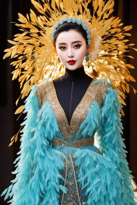 This image shows a woman wearing an elaborate headdress and gown. The headdress is made of gold-colored feathers and the gown is made of blue-green feathers. The woman's makeup is also very elaborate, with dark eyeshadow and bright red lipstick. She is also wearing a necklace and earrings. The background of the image is black, which makes the woman stand out.