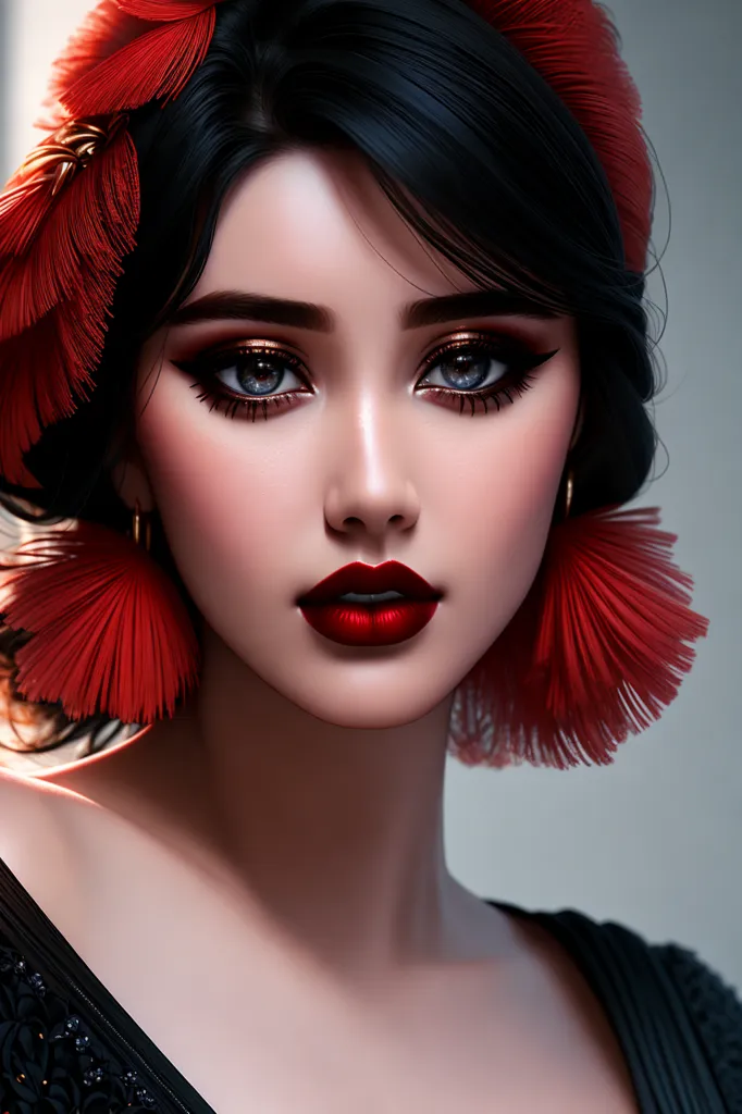 La imagen muestra a una mujer joven con el cabello negro y largo y ojos rojos. Lleva un vestido negro con una flor roja en el cabello y pendientes rojos. Su maquillaje es oscuro y dramático, con un delineado de ojos intenso y un labial rojo brillante. Mira al espectador con una expresión seria. El fondo es de un gris suave.