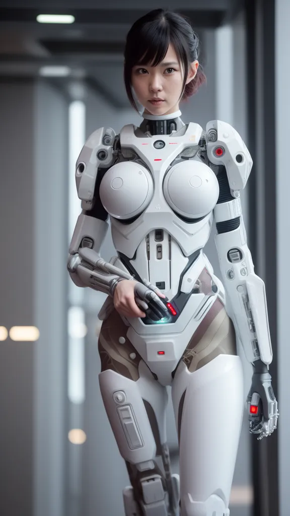 The image depicts a female gynoid, which is a robot designed to resemble a woman. She has long black hair styled in a hime cut, and her eyes are a light brown color. She is wearing a white and gray bodysuit that covers her entire body, and has black robotic limbs. The bodysuit has several red and blue lights on it, and there is a red light on her left hand. She is standing in a futuristic setting, and there are blurred lights in the background.