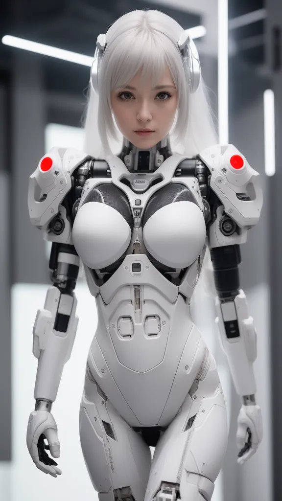 The image depicts a female gynoid, which is a robot designed to resemble a woman. She has long white hair, red eyes, and a pale complexion. She is wearing a white bodysuit that covers her entire body, and she has a pair of headphones on her head. The gynoid is standing in a futuristic setting, and there are several lights in the background.