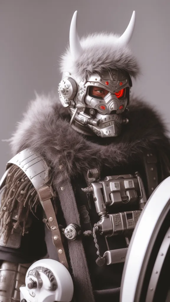 The image is of a person wearing a futuristic helmet with fur trim and red glowing eyes. The helmet has a breathing apparatus and a targeting system. The person is wearing a black and gray outfit and has a large shield. They are also wearing a bandolier with a variety of gadgets and a large radio on their back. The background is a light gray.