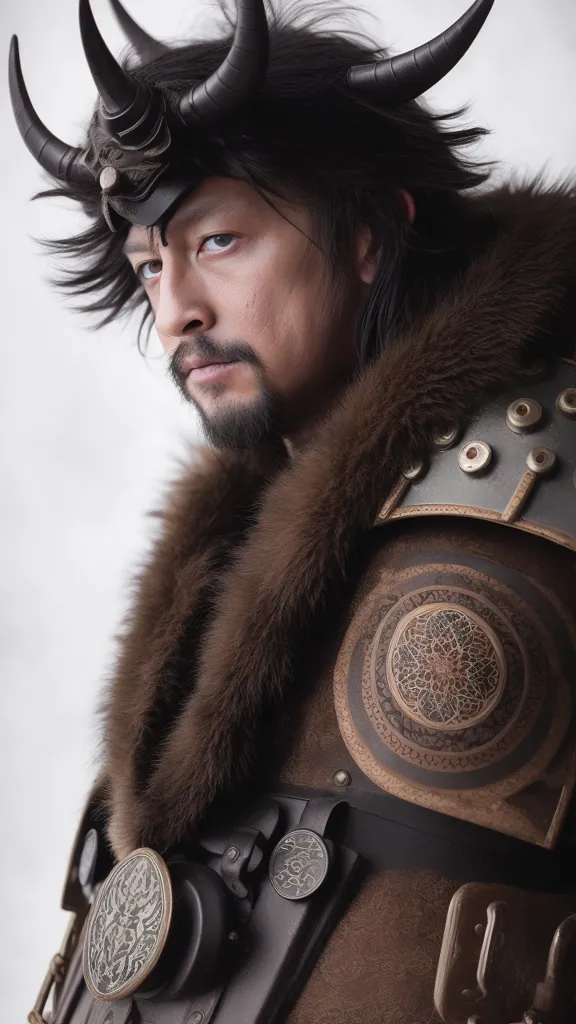 This image shows a man with dark hair and a beard wearing a fur-lined coat and a horned helmet. The coat is made of brown leather and has several metal discs attached to it. The helmet has two large horns and a metal face guard. The man's eyes are blue and he has a stern expression on his face.