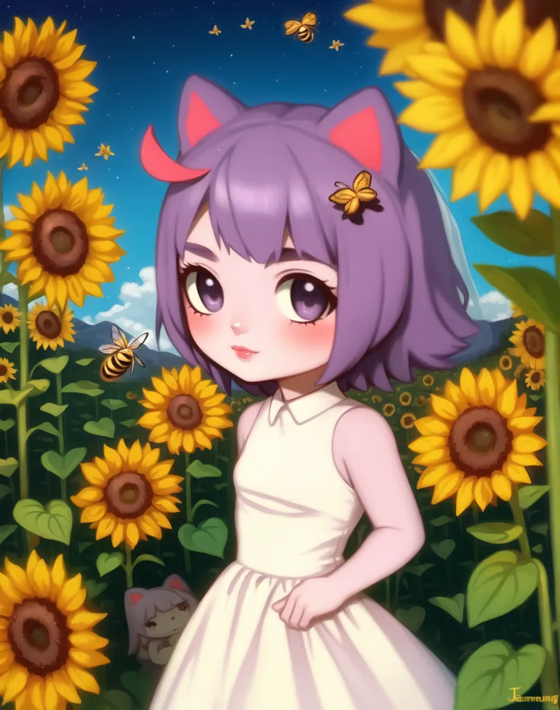 The image is of a girl with cat ears and purple hair. She is wearing a white dress and is standing in a field of sunflowers. There are bees flying around her and a butterfly in her hair. The background is a blue sky with white clouds. The girl is smiling and has her eyes closed.