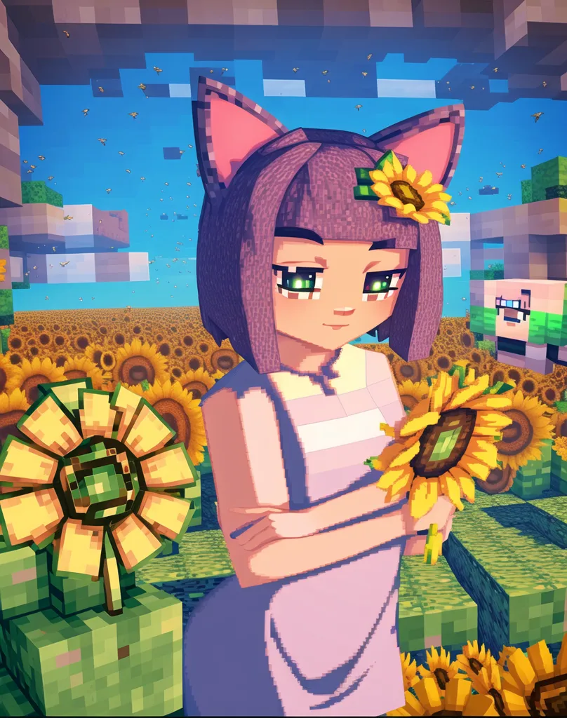 The image is of a girl with cat ears and purple hair standing in a field of sunflowers. She is wearing a white dress with a lavender apron. The girl is smiling and has her eyes closed. She is holding a sunflower in her right hand. There is another girl with white hair and green eyes standing in the background. She is wearing a green shirt. There are bees flying around the sunflowers. The background is a blue sky with white clouds.