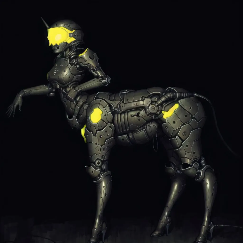 The image is a dark, full-body shot of a female centaur robot. The robot is mostly black with yellow highlights and has a unicycle wheel for a left hind leg. It is wearing a helmet with a single horn and high heels. The robot is standing on a dark surface with a dark background.