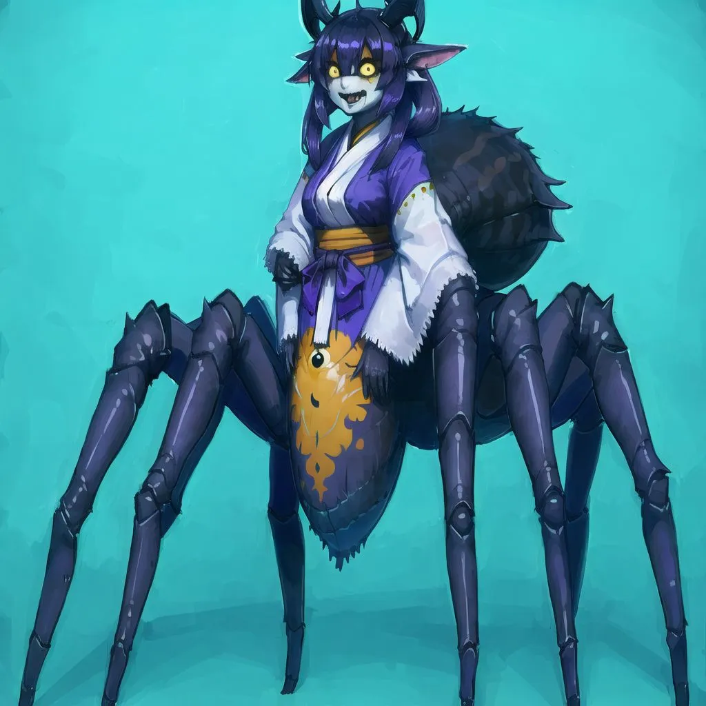 The image depicts a humanoid spider-like creature with long black hair, purple eyes, and a pair of black horns protruding from its head. It is wearing a traditional Japanese kimono with a white obi sash and has eight spider-like legs. The creature is standing on a blue background and has a friendly expression on its face.