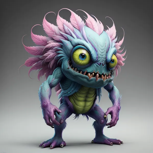 The image shows a colorful cartoon monster. It has blue skin, purple feathers on its head, and green eyes. The monster is smiling and has sharp teeth. It is also standing on two legs and has a long tail.