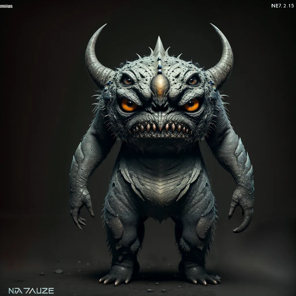 The image is a digital painting of a monster. The monster is a grey, muscular creature with three eyes, two horns, and sharp teeth. It is standing on two legs and has a long tail. The background is a dark, rocky cave.