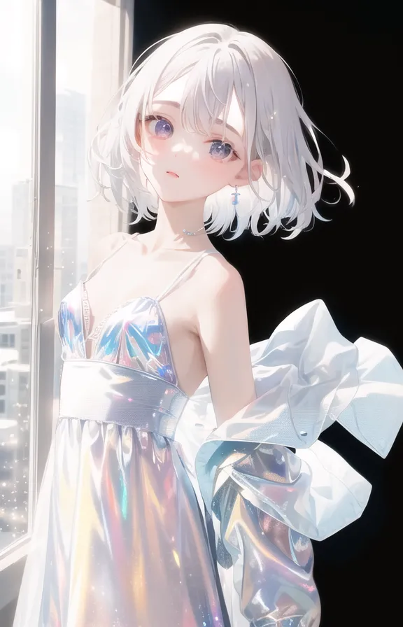 The image is a painting of a young woman with short white hair. She is wearing a white dress with a silver belt and a white jacket. She is standing in front of a window, and the light from the window is shining on her hair and making it look like it is glowing. Her eyes are a light purple color and her skin is very pale. She is wearing a necklace with a cross on it.