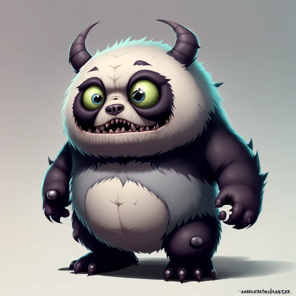 The image shows a cartoon illustration of a panda with black horns. The panda has big green eyes, a large mouth, and sharp teeth. Its body is mostly white with black patches around the eyes and ears. The panda is standing on its hind legs with its arms outstretched. The background is a light gray.