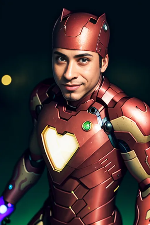 The image shows a young man wearing an Iron Man suit. The suit is red and gold, and it has a heart-shaped reactor on the chest. The man is smiling, and he looks like he is ready for action. The background of the image is blurred, and it looks like the man is standing in a dark room.