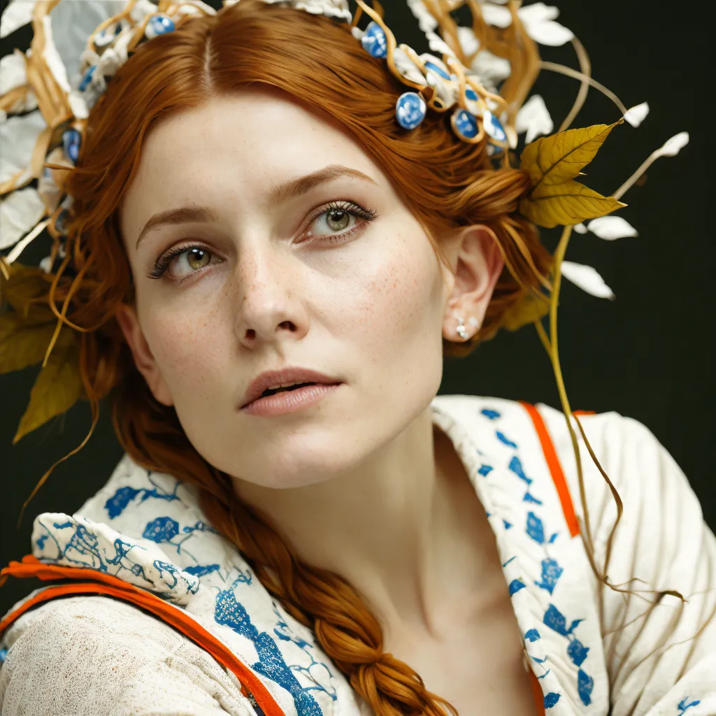 The image shows a young woman with long, flowing red hair. She is wearing a white dress with blue and red details. The dress has a high collar and long sleeves. The woman's hair is styled in a braid that is wrapped around her head. She is wearing a wreath of flowers and leaves in her hair. The woman has fair skin with freckles and her eyes are a light green color. She is looking at the viewer with a serious expression. The background is a dark green color.