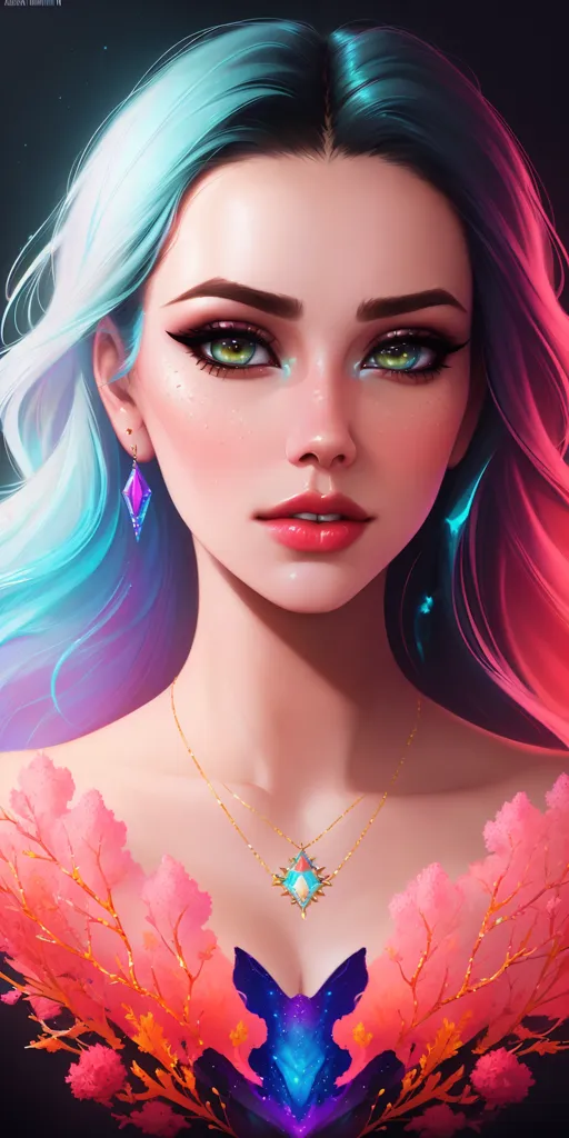 The image is a portrait of a beautiful woman with blue and green hair. She has light pink blush on her cheeks and bright pink lipstick on her lips. She is wearing a gold necklace with a blue diamond pendant. There are also pink and orange flowers around her neck. She is looking at the viewer with her head tilted slightly to the right.