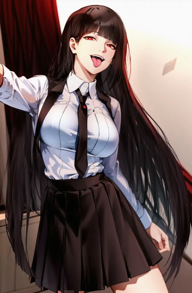 The image shows a young woman with long black hair, red eyes,  in a white dress shirt, black tie, and black skirt. She has a playful expression on her face and is sticking her tongue out. There is a red curtain in the background.