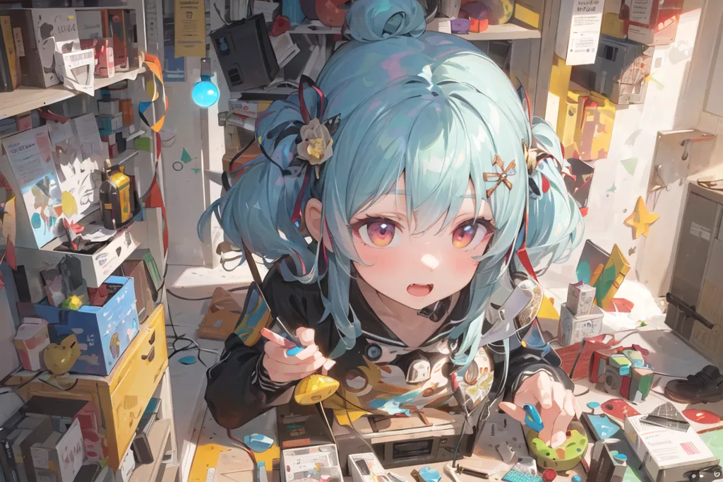 The image shows a young girl with blue hair and pink eyes. She is wearing a black jacket and a white shirt. She is sitting in a room that is full of clutter. There are boxes, papers, and other objects all over the floor. The girl is holding a small object in her hand and looking at it intently. She has a curious expression on her face. The image is drawn in a realistic style and the colors are vibrant and bright.