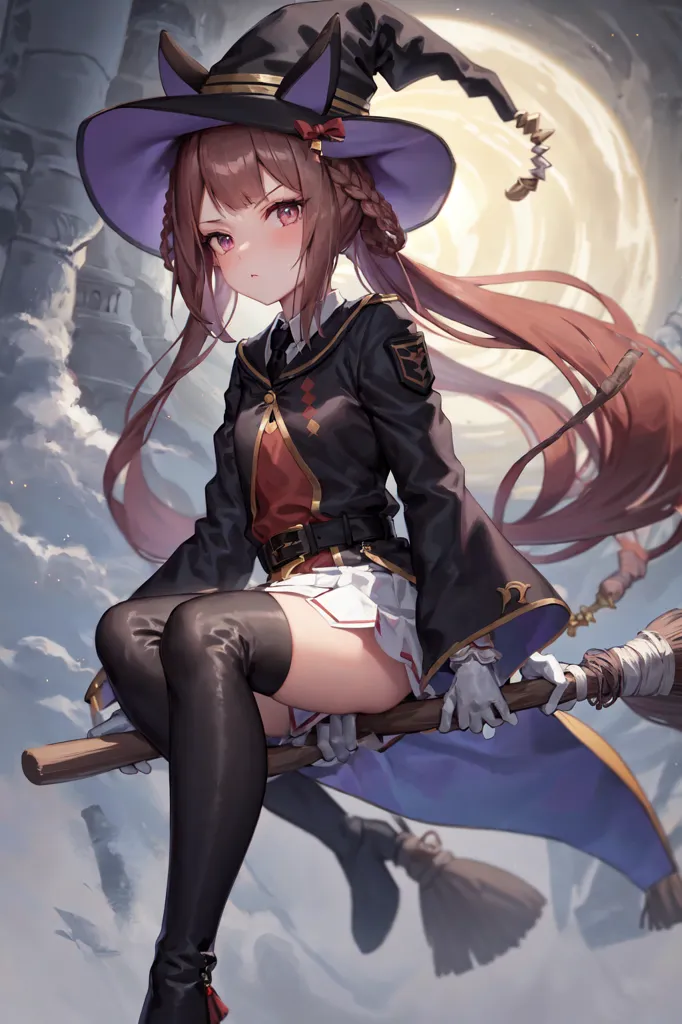 The image is an anime-style drawing of a young woman with long brown hair and red eyes. She is wearing a purple and black witch hat and a black military-style outfit with a red sash. She is also wearing black thigh-high stockings and brown boots. She is sitting on a broomstick and is flying through the air. There are clouds and a full moon in the background.