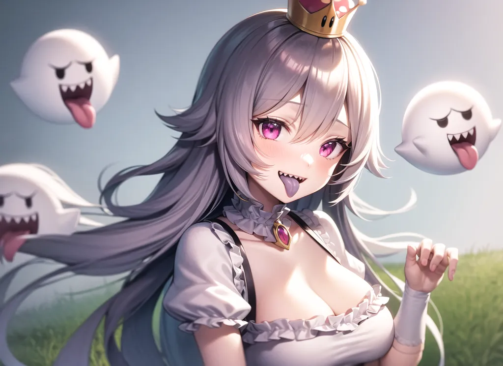 The image is of a young woman with long silver hair and purple eyes. She is wearing a white dress with a purple sash and a gold crown. She has a playful expression on her face and is sticking her tongue out. There are three ghosts behind her, all with the same playful expression. The background is a green field with a blue sky.