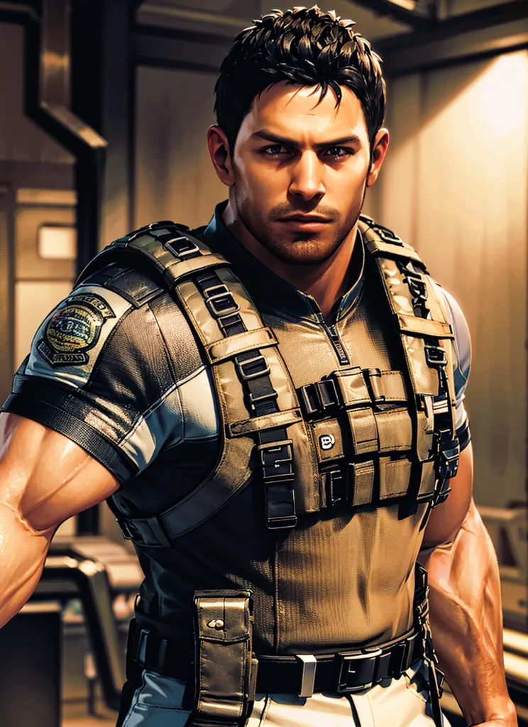 The image shows a man with short dark hair and brown eyes. He is wearing a black and white tactical vest with a badge on the left shoulder that says "R.P.D." He is also wearing a utility belt with a holster on the right side. The man has a serious expression on his face and looks like he is ready for action. He is standing in what appears to be a dark room with a metal door behind him.