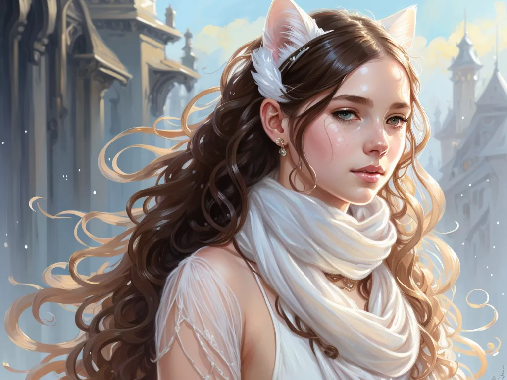 The image is a portrait of a beautiful young woman with long, wavy brown hair. She has cat ears and is wearing a white scarf. The background is a cityscape with tall buildings and a blue sky. The woman is looking at the viewer with a serene expression.