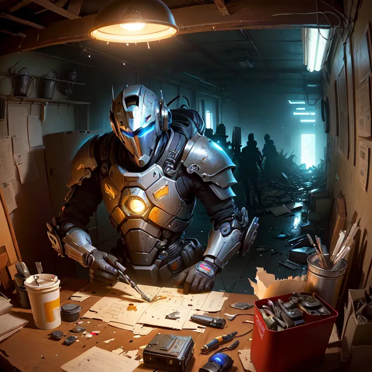 The image shows a man in a futuristic armor sitting at a workbench. He is working on a small device, and there are many tools and parts scattered around him. The workbench is made of metal and has a lot of tools and parts on it. The man is wearing a helmet and gloves, and he is focused on his work. The background of the image is a dark room with a large window. There are some boxes and crates in the room, and it looks like it is a junkyard.