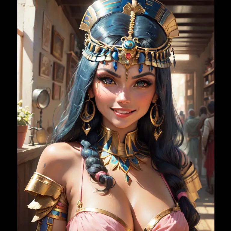 This image shows a beautiful woman of Egyptian descent. She is wearing an elaborate headdress and jewelry and has a warm smile on her face. She is standing in a market or bazaar, and there are people and objects in the background.