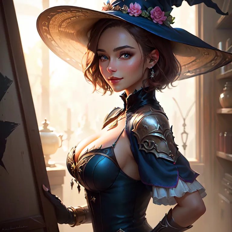 This is an image of a beautiful young woman dressed in a witch's outfit. She has a large hat on her head that is decorated with flowers and a veil. She is wearing a blue and black dress with a corset and a skirt that is slit up the side. She has brown hair and green eyes and is wearing a lot of jewelry. She is standing in front of a window and there are books and potions on a table behind her.