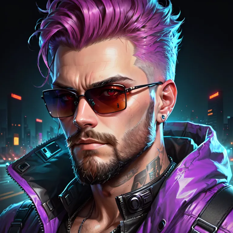 Esta é uma imagem de um homem com cabelo roxo e barba. Ele está usando óculos de sol e um casaco preto com destaques roxos e azuis. Ele tem tatuagens no pescoço e na mão direita. Há uma cidade ao fundo com luzes brilhantes.