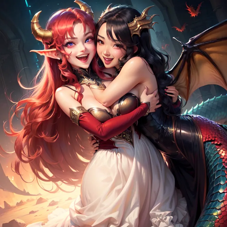 This image shows two women who are embracing. The woman on the left has red hair and horns, and the woman on the right has black hair and dragon wings. They are both wearing white dresses. The background is a dark cave with bats flying around.