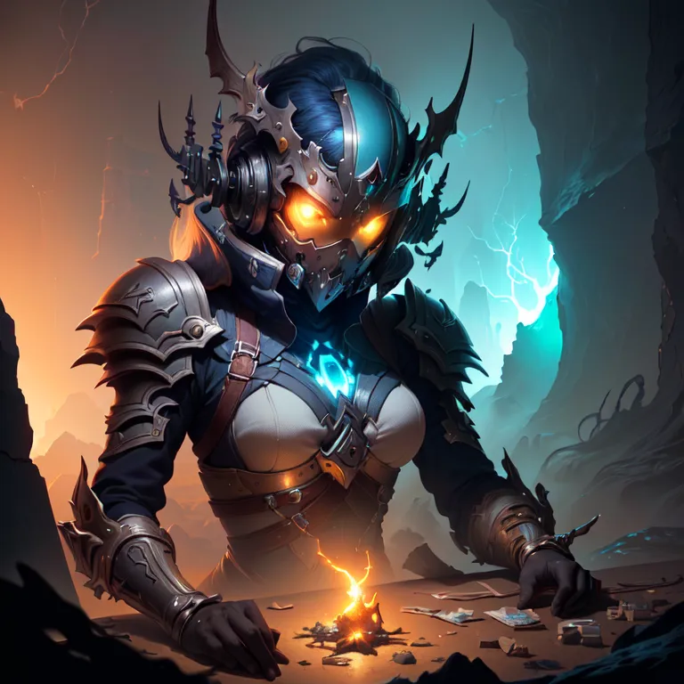 This is an image of a woman wearing futuristic armor with a glowing blue visor. She is sitting in a dark place, surrounded by rocks and debris. There is a fire burning in front of her, and she is looking at a table with a map spread out on it.