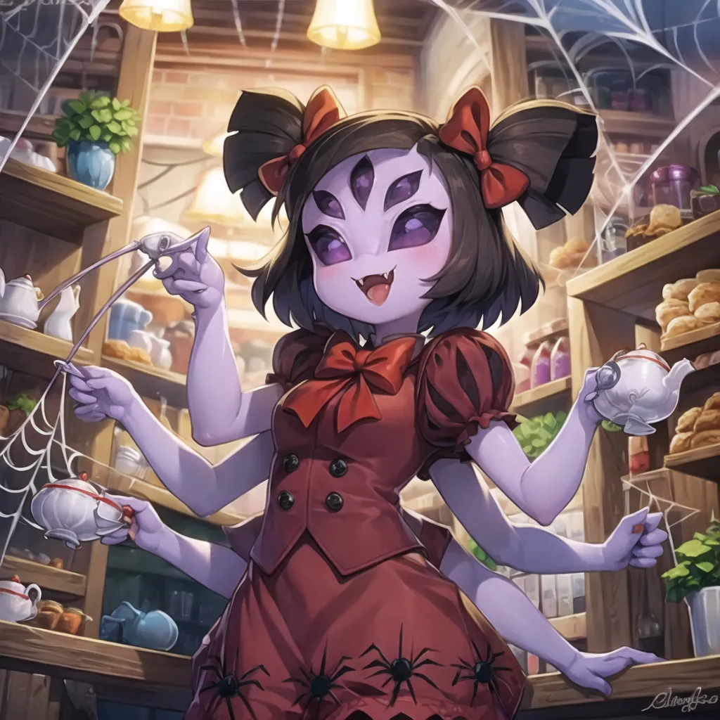 The image is of Muffet from the indie video game Undertale. She is a spider-like creature with the lower body of a spider and the upper body of a human. She is wearing a red dress with a white apron and has her hair tied up in two buns with red ribbons. She has six arms, two of which are holding teacups, two are holding strings attached to tea bags, one is holding a fork with a spider on it, and one is holding a knife. She is standing in a room that appears to be a bakery, as there are shelves lined with baked goods and a counter with a tea set on it.