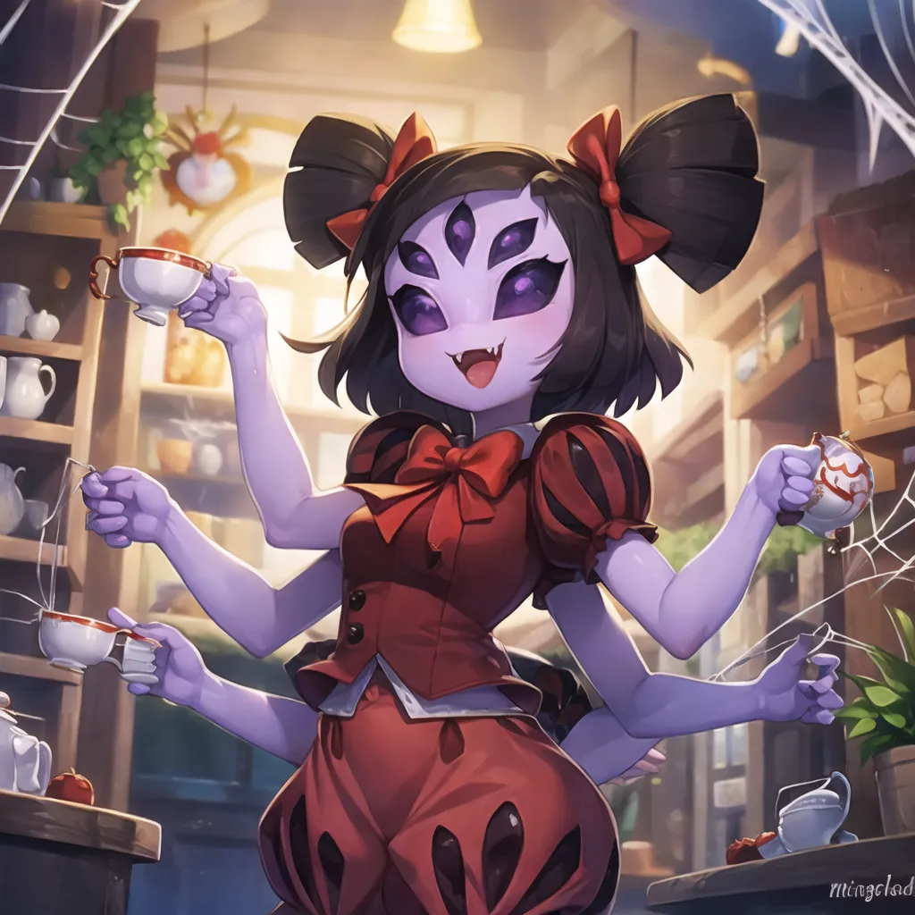 The image is of Muffet from the indie video game Undertale. She is a spider-like creature with black hair and purple eyes. She is wearing a red dress with a white collar and black bows in her hair. She has six arms, each of which is holding a teacup. She is standing in a room with a wooden table and a cobweb in the background.