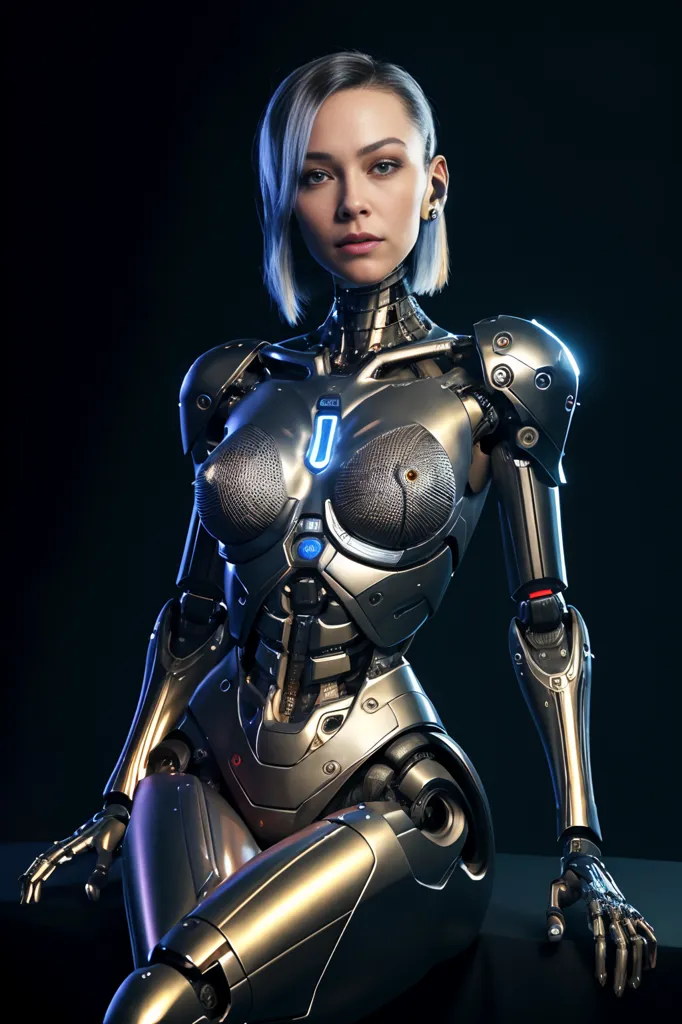 The image shows a beautiful female robot with short white hair. She is wearing a silver-colored metallic body suit with a blue light on her chest. She is sitting in a relaxed pose with one hand on her hip and the other resting on her knee. Her eyes are blue and her lips are slightly parted. She has a confident expression on her face. The background is dark with a spotlight shining down on her.