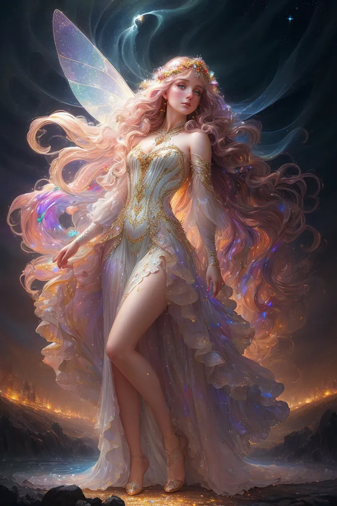 The image shows a beautiful fairy with long, flowing pink hair. She is wearing a white dress with a gold bodice and sheer skirt. The fairy has a pair of wings that are a light blue color with white and yellow tips. She is standing on a rock in front of a body of water with a dark purple night sky behind her. There are ruins of a city in the background.