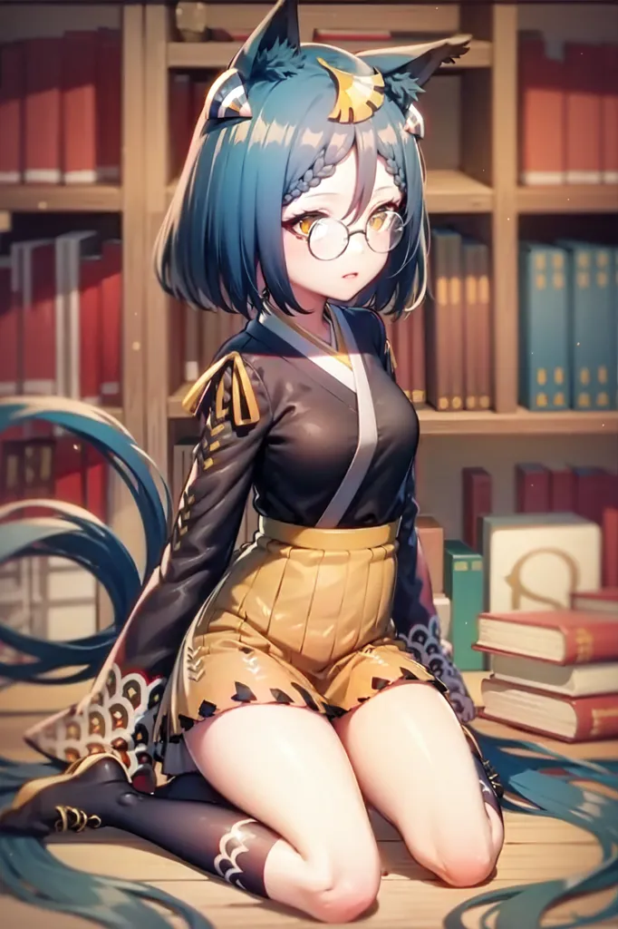 The image is of an anime-style girl with blue hair and yellow eyes. She is wearing a black and yellow kimono-style outfit and has a pair of glasses on. She is sitting on the floor in a library, surrounded by books. She has a cat-like tail and ears.