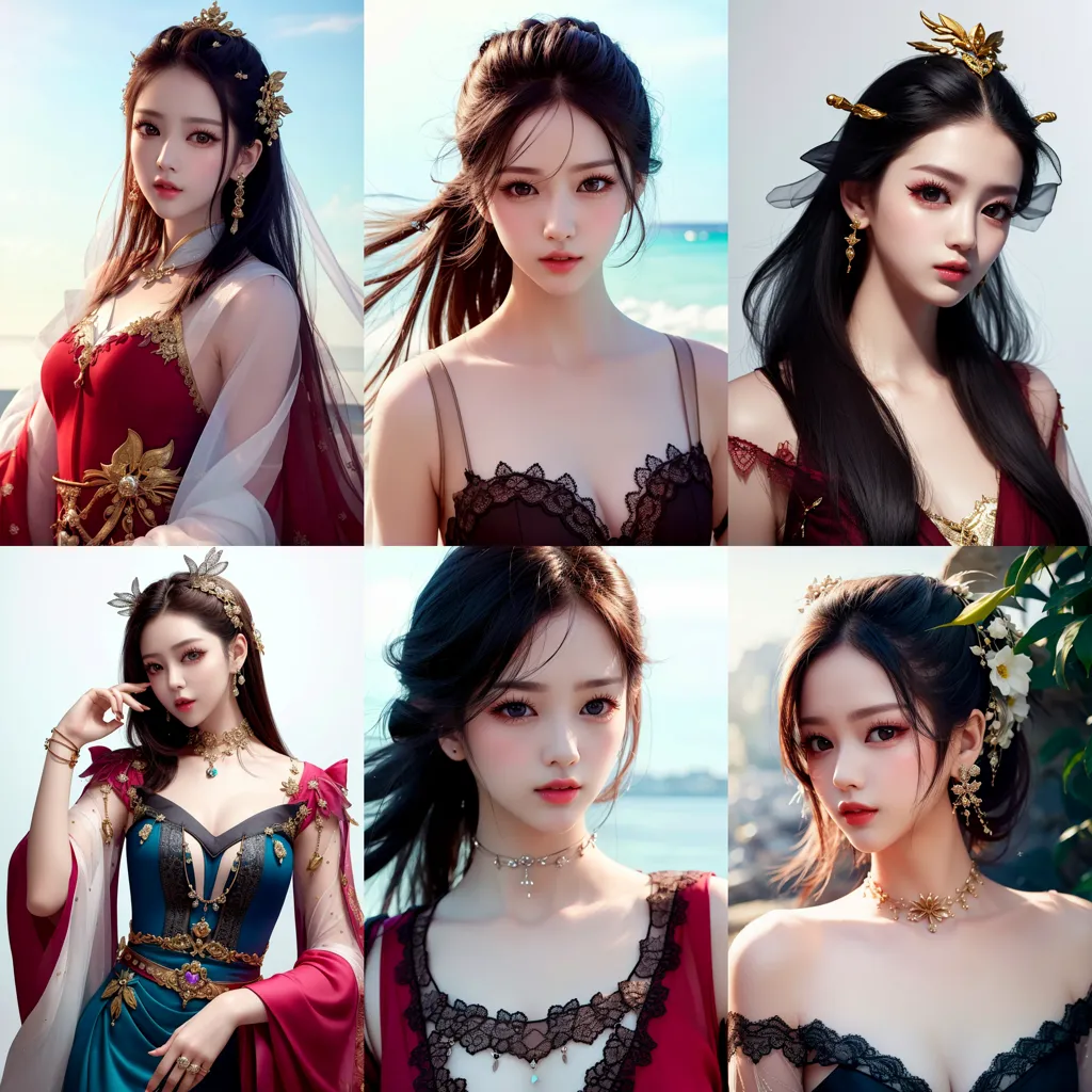 The image shows a series of portraits of a young woman with long black hair and light makeup. She is wearing a variety of different outfits, including a red dress, a black dress, and a blue dress. In each photo, she is wearing a different hairstyle and jewelry. The background is a blur of light blue and white.