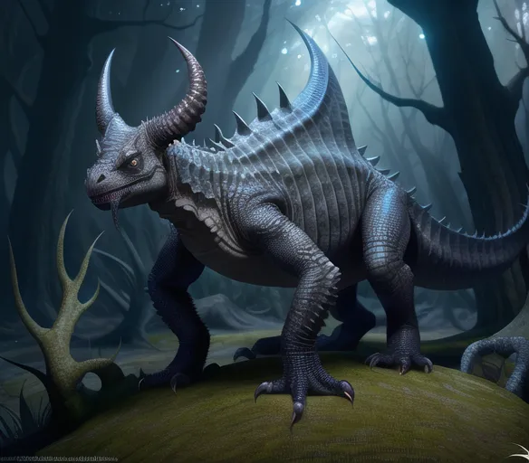 The image is a digital painting of a blue and gray reptilian creature. It has a long, serpentine body with four legs and a long tail. The creature's head is large and has a pair of horns on the top of its head. Its eyes are yellow and its teeth are sharp. The creature is standing in a dark forest and is surrounded by trees. The forest is dark and mysterious.