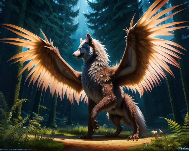 La imagen es una pintura digital de un lobo con alas. El lobo está de pie en un bosque oscuro, rodeado de altos árboles. El lobo es principalmente marrón y blanco, con una larga y ondulante melena. Sus alas están extendidas y son de color marrón claro con las puntas blancas. Los ojos del lobo son de un azul profundo y brillan. El bosque es oscuro y misterioso, y la única luz proviene de unos pocos rayos de luna que se filtran a través de los árboles. El lobo es una criatura poderosa y majestuosa, y está claro que es el gobernante del bosque.