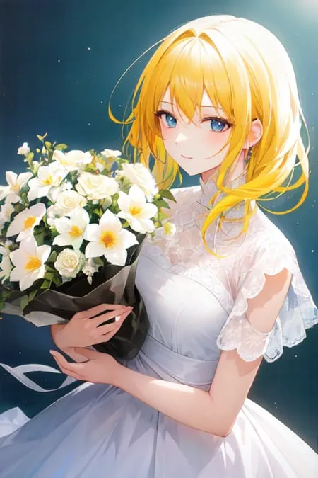 La imagen muestra a una hermosa chica de anime con cabello rubio largo y ondulado y ojos azules. Lleva un vestido blanco con escote de corazón y mangas descubiertas de los hombros. El vestido está adornado con intrincados encajes blancos. Sostiene un ramo de flores blancas con una cinta negra envuelta alrededor de los tallos. El fondo es de color azul oscuro con un cielo estrellado nocturno.