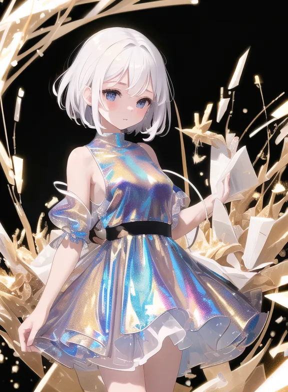 La imagen es de una chica de anime con un vestido blanco con un cinturón negro. El vestido es brillante y parece estar hecho de metal. La chica tiene el cabello corto y blanco y ojos azules. Está de pie frente a un fondo oscuro con muchas partículas brillantes, doradas y blancas flotando a su alrededor. La chica mira al espectador con una expresión seria.