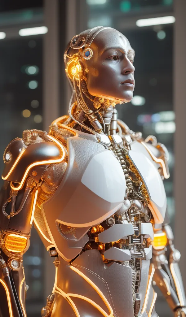 The image depicts a humanoid robot with a metallic silver and gold body. The robot's head is turned to the right of the viewer. The robot's face is expressionless. The robot's body is covered in intricate details, including exposed wires and machinery. The background of the image is a blurred cityscape at night.