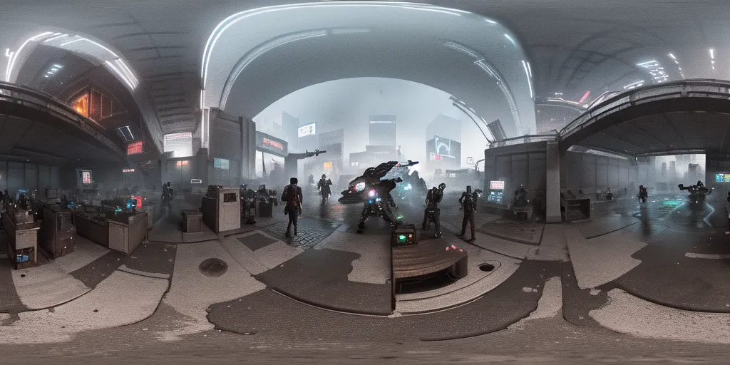 L'image est un panorama à 360 degrés d'une ville futuriste. La ville est sombre et pluvieuse, et les rues sont vides. Il y a quelques personnes qui se promènent, mais elles portent toutes des imperméables et des capuches, et elles se dépêchent toutes d'aller où elles vont. La seule lumière provient des lampadaires et des quelques bâtiments encore ouverts. L'image est très atmosphérique et capture le sentiment d'une ville solitaire et isolée.