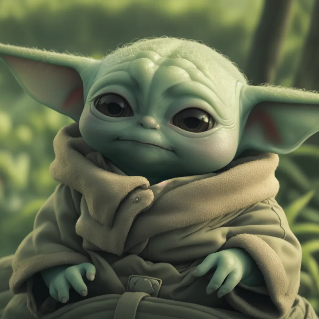 The image shows a computer-generated character named Grogu, also known as The Child or Baby Yoda, from the Star Wars television series The Mandalorian. Grogu is a young alien of the same species as Yoda, and he is very cute and has large ears, big eyes, and a wrinkled green skin. He is wearing a tan coat or cloak with a hood. He is sitting on a brown leather bag or sack and looking at the camera with a curious expression. The background is blurred and looks like a forest.