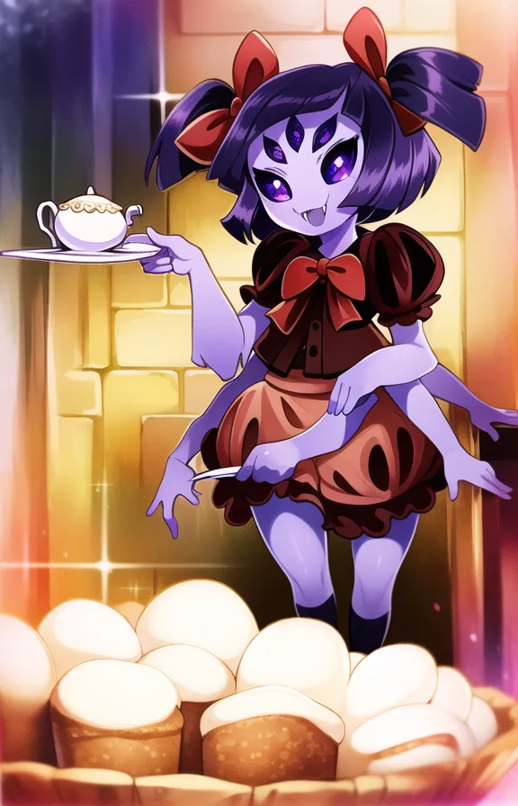 The image is of Muffet from the indie video game Undertale. She is a spider monster who runs a bakery. She has purple skin, four arms, and eight eyes. She is wearing a brown apron and a red bowtie. She is holding a silver teapot and a teacup. There are many pastries on the table in front of her. The background is a brick wall with a door.