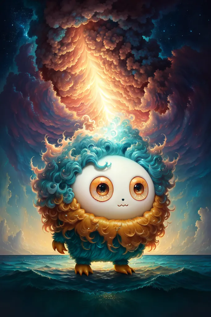 The image shows a cute and fluffy creature standing on a rough sea. The creature has big, round eyes, a small, smiling mouth, and curly hair that is blue at the top and yellow at the bottom. It is also surrounded by a stormy sky.