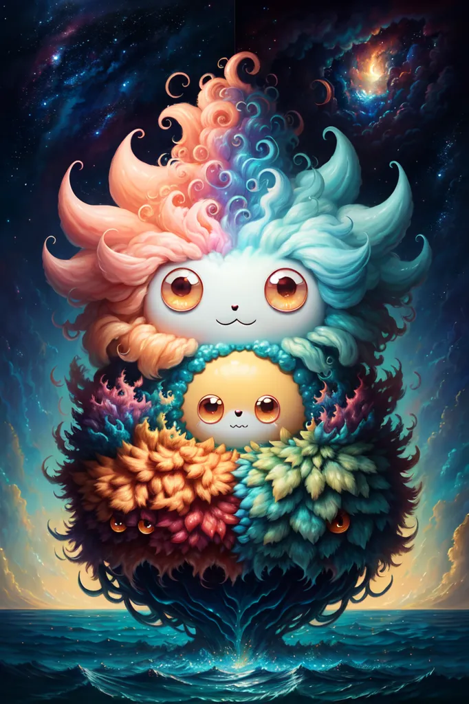 The image is a whimsical illustration of three cute creatures with big eyes and curly hair. They are arranged in a vertical stack, with the largest creature at the bottom, the middle-sized creature in the middle, and the smallest creature at the top. The creatures are all surrounded by colorful plants and flowers, and the background is a starry night sky with a bright shining star. The creatures are all smiling and appear to be happy.