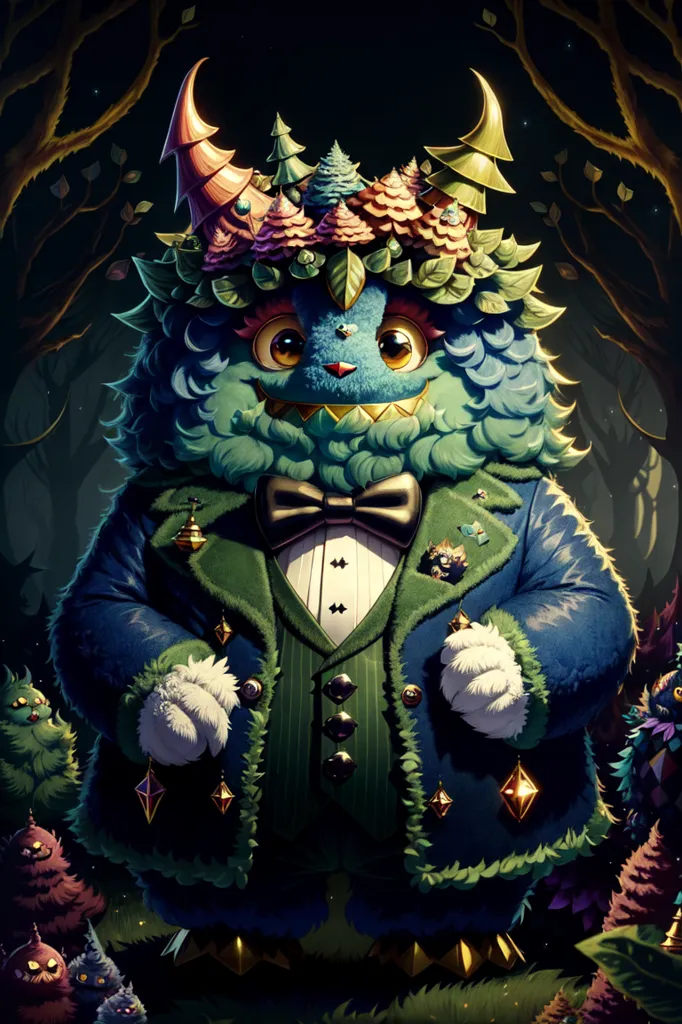 The image is a digital painting of a creature with a blue and green fur coat and a white bow tie. The creature has large, yellow eyes and a friendly expression. It is wearing a green top hat with a gold buckle and has several small, colorful creatures perched on its shoulders and head. The background is a dark forest with green trees and a blue sky. The painting is done in a realistic style and the colors are vibrant and saturated.