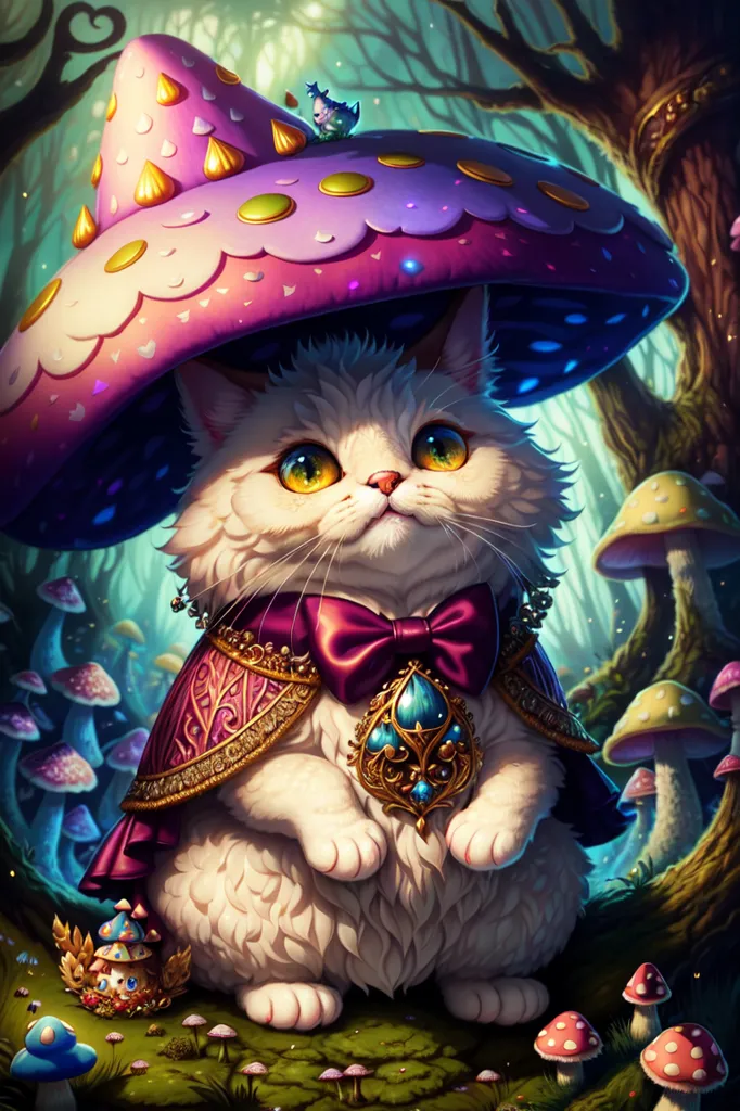 This image shows a white cat wearing an elaborate purple and pink mushroom-shaped hat with a small blue bird perched on top of it. The cat is also wearing a gold necklace with a blue gem in the center, and a matching bracelet on its right paw. The cat is sitting in a lush green forest surrounded by colorful mushrooms and other plants. There is a small house made of mushrooms on the ground next to the cat. The cat has wide green eyes and a pink nose, and it is looking at the viewer with a curious expression.