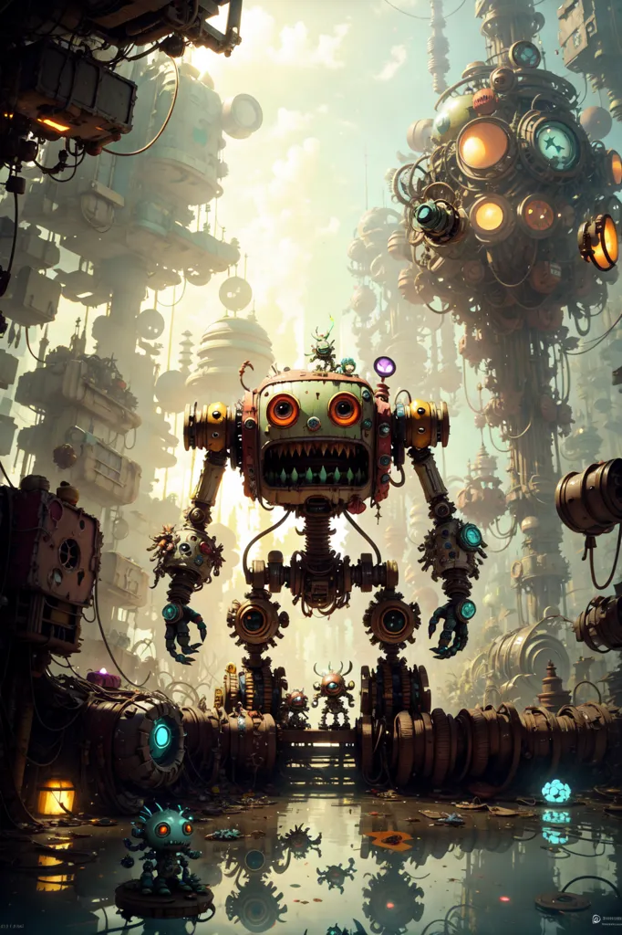 The image is a steampunk-themed digital painting. It depicts a large, rusty robot standing in a junkyard. The robot has a round body with a large, toothy mouth and a single eye. It is wearing a tattered cloak and has several smaller robots crawling on it. The background of the image is a dark and dirty cityscape with large buildings and pipes. The image is full of detail and has a very unique and creative style.