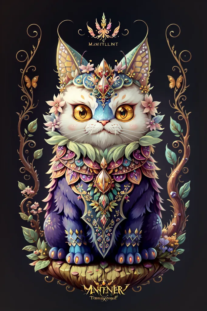 The image is a digital painting of a cat. The cat is sitting on a branch, and is surrounded by flowers and leaves. The cat is wearing a crown, and has a jeweled collar. The cat's fur is white, and its eyes are yellow. The painting is done in a realistic style, and the details are exquisite.